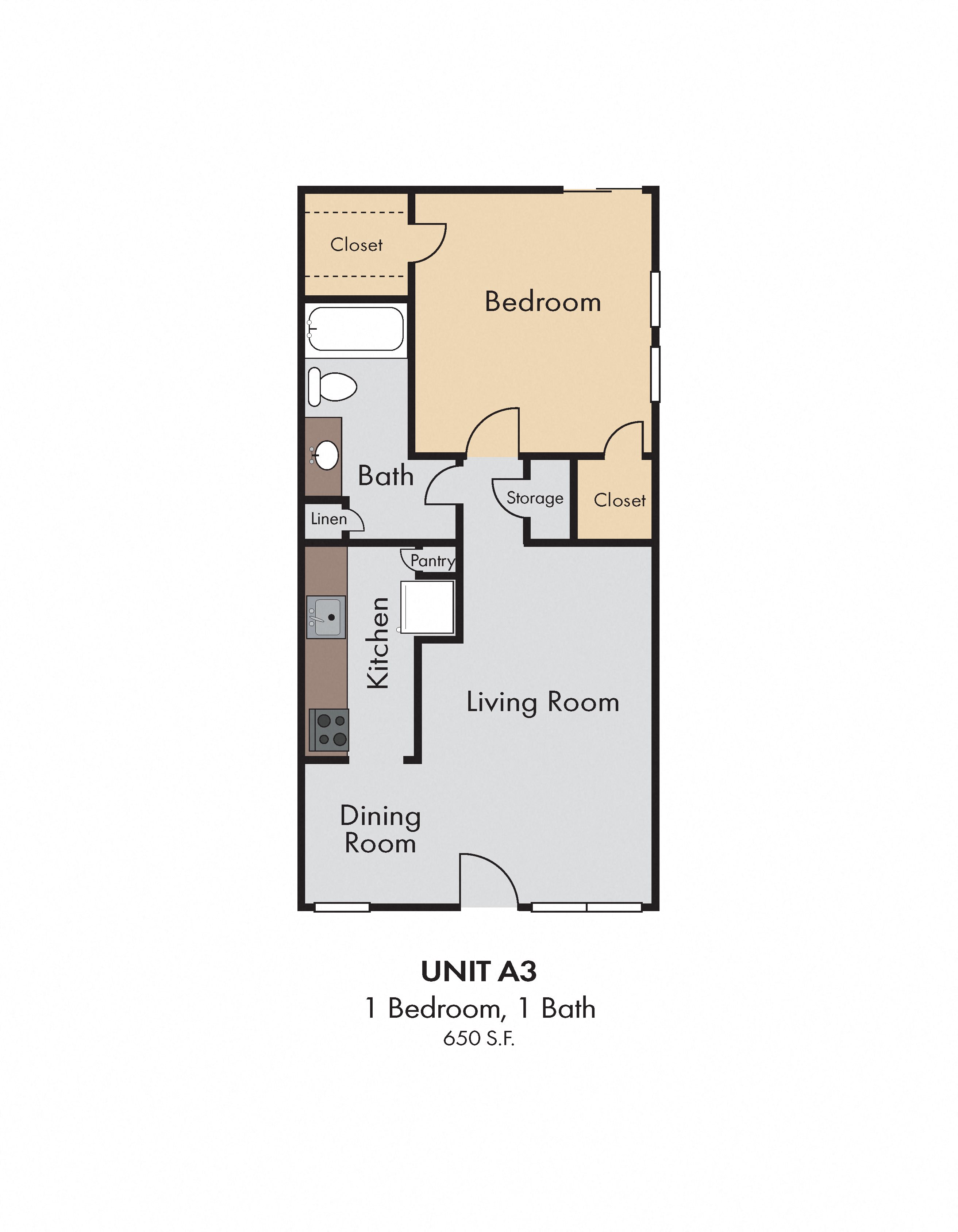1 Bedroom 1 Bath 2D Floorplan Unit A3 1 Bedroom 1 Bath 2D Floorplan Unit A3-The Paddock on Park Row Apartment Homes, Arlington, TX